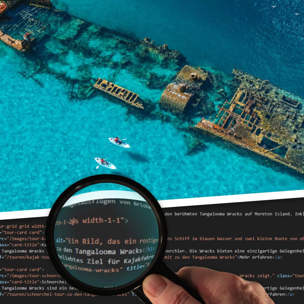 Mit einer Lupe wird der HTML Quelltext eines Bildes, welches dar&uuml;ber zu sehen ist, an der Stelle des Alternativtextes hervorgehoben.