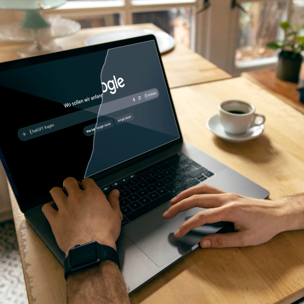 Ein Mensch sitzt vor einem Laptop und sieht auf einen geteilten Bildschirm, der sowohl die Eingabemaske einer Suchmaschine, als auch eines KI-Modells zeigt